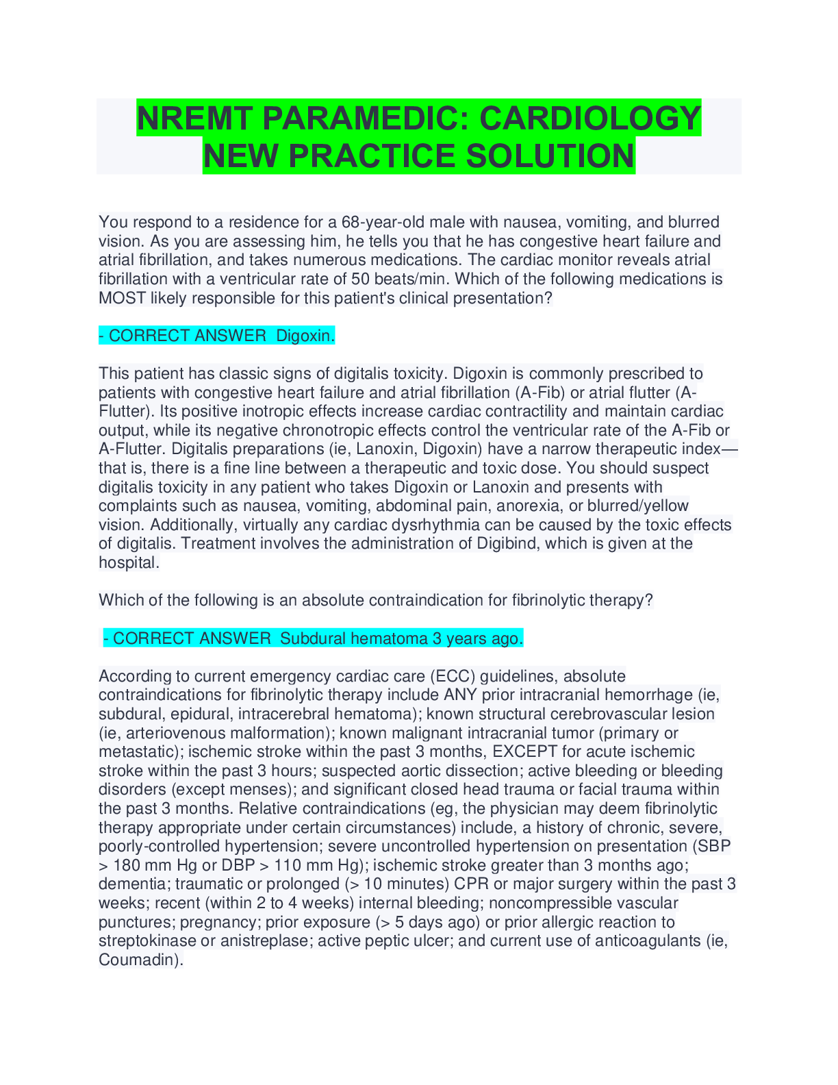 Preview image of NREMT PARAMEDIC CARDIOLOGY NEW PRACTICE SOLUTION document